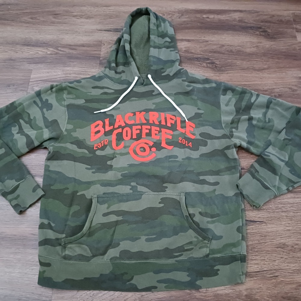 Black Rifle Coffee Company Mens Camo Hoodie Orange Logo Pullover Medium BRCC